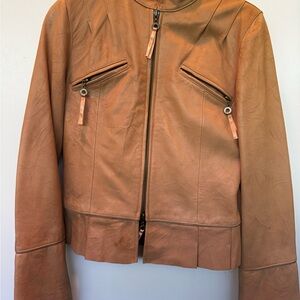Arden B Tan Leather Jacket Fitted Zip-Front Modern